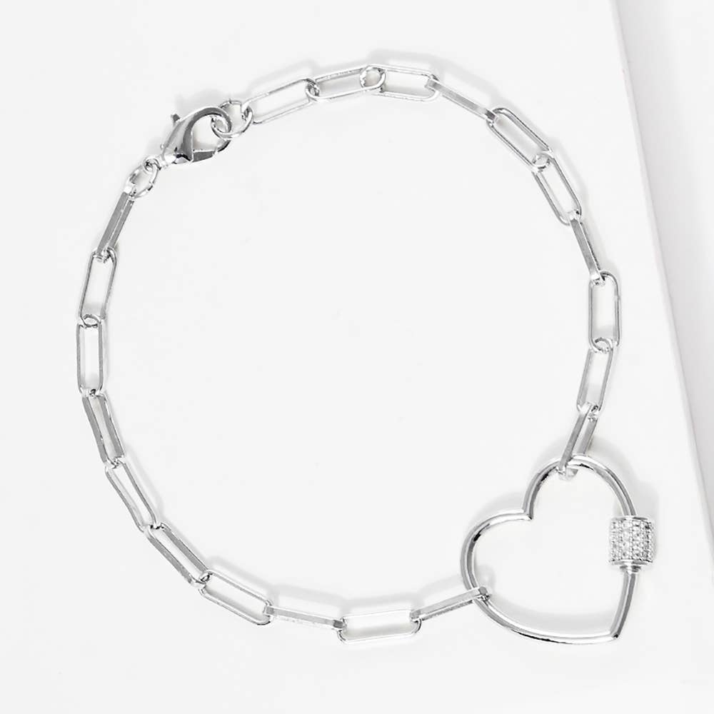CZ Open Heart Carabiner Paperclip Chain Bracelet