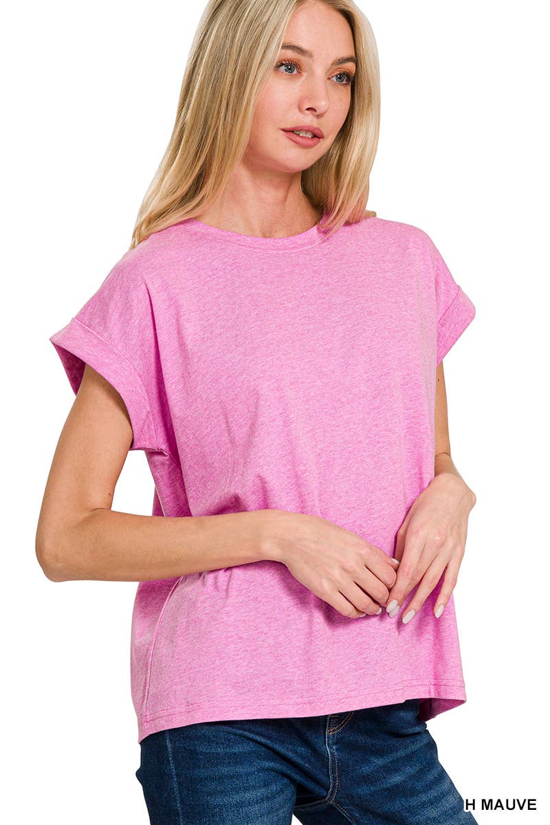 Round Neck Folded Short Sleeve T Shirt