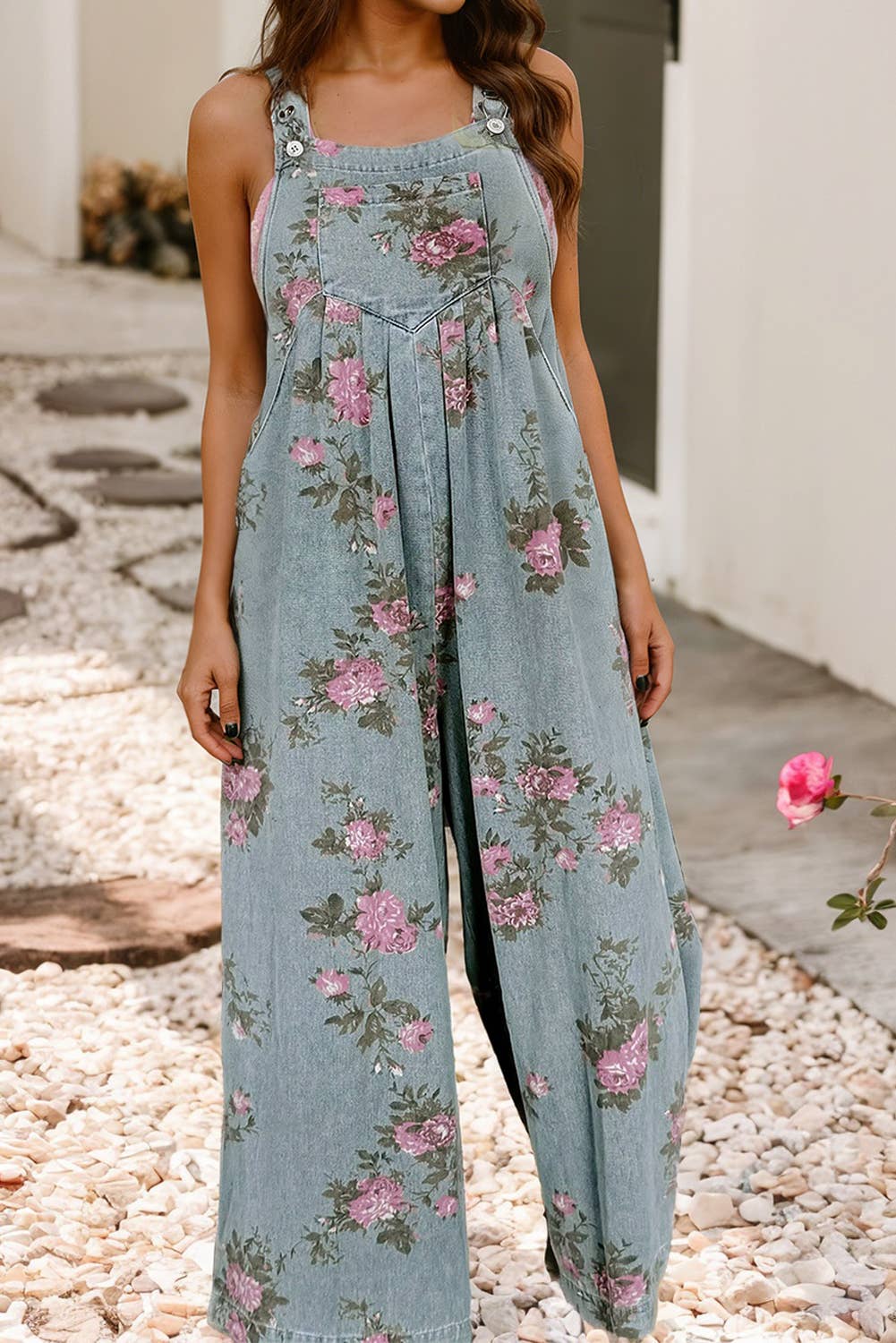 Floral Pleated High Waist Wide Leg Denim Overalls
