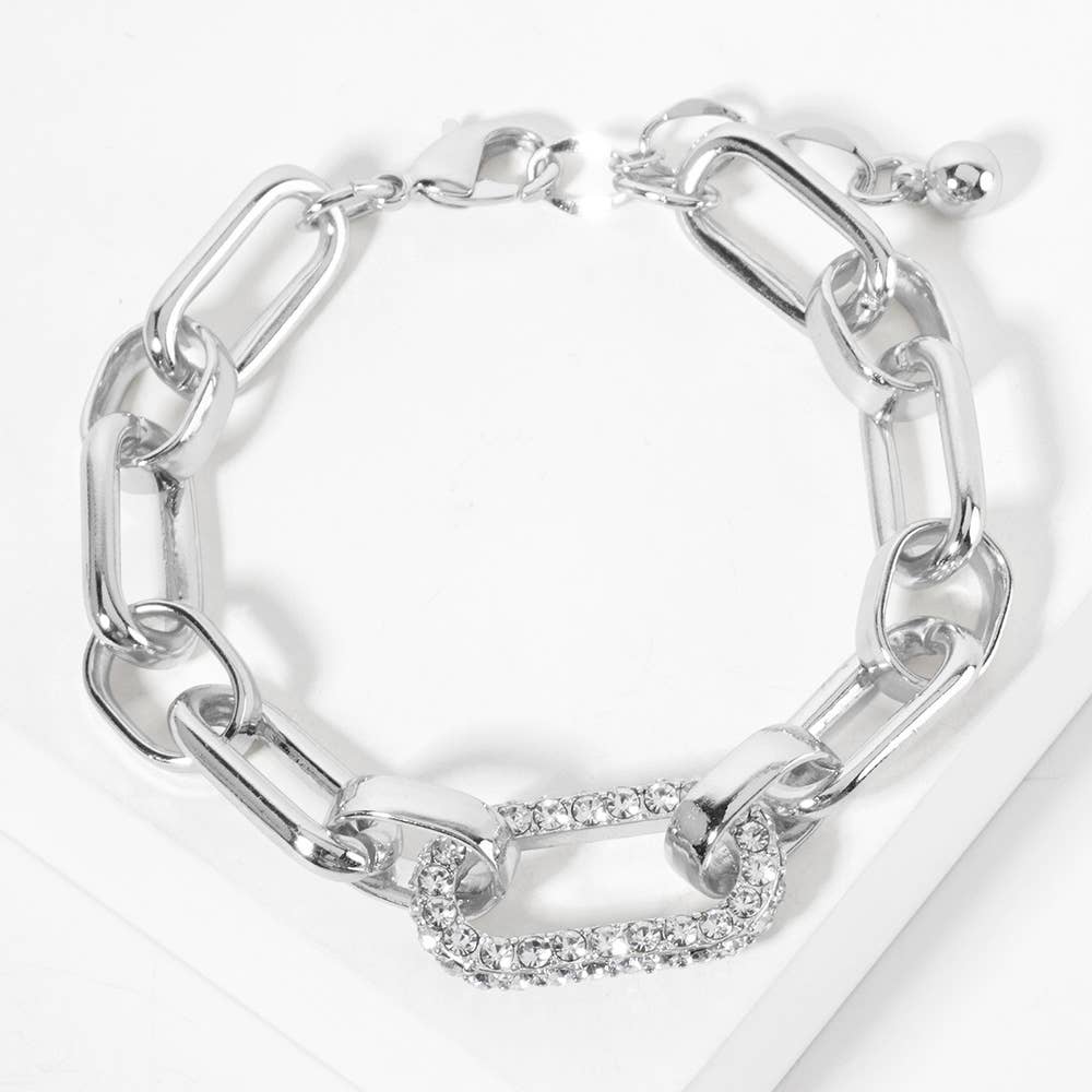 Gold Dipped CZ Stone Paved Oval Ring Link Chain Bracelet