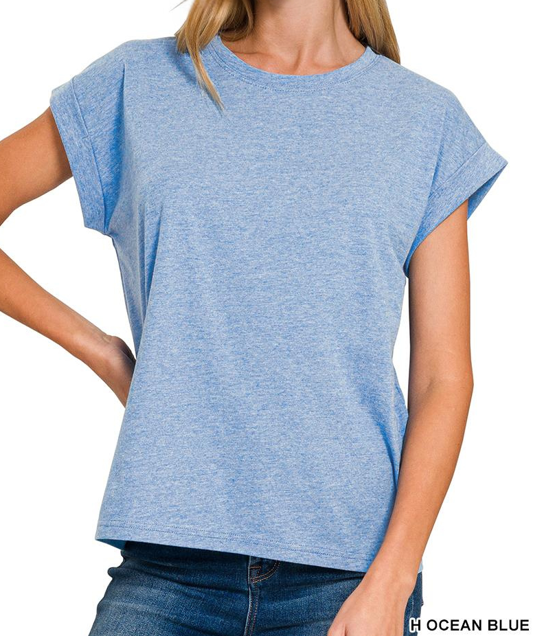 Round Neck Folded Short Sleeve T Shirt