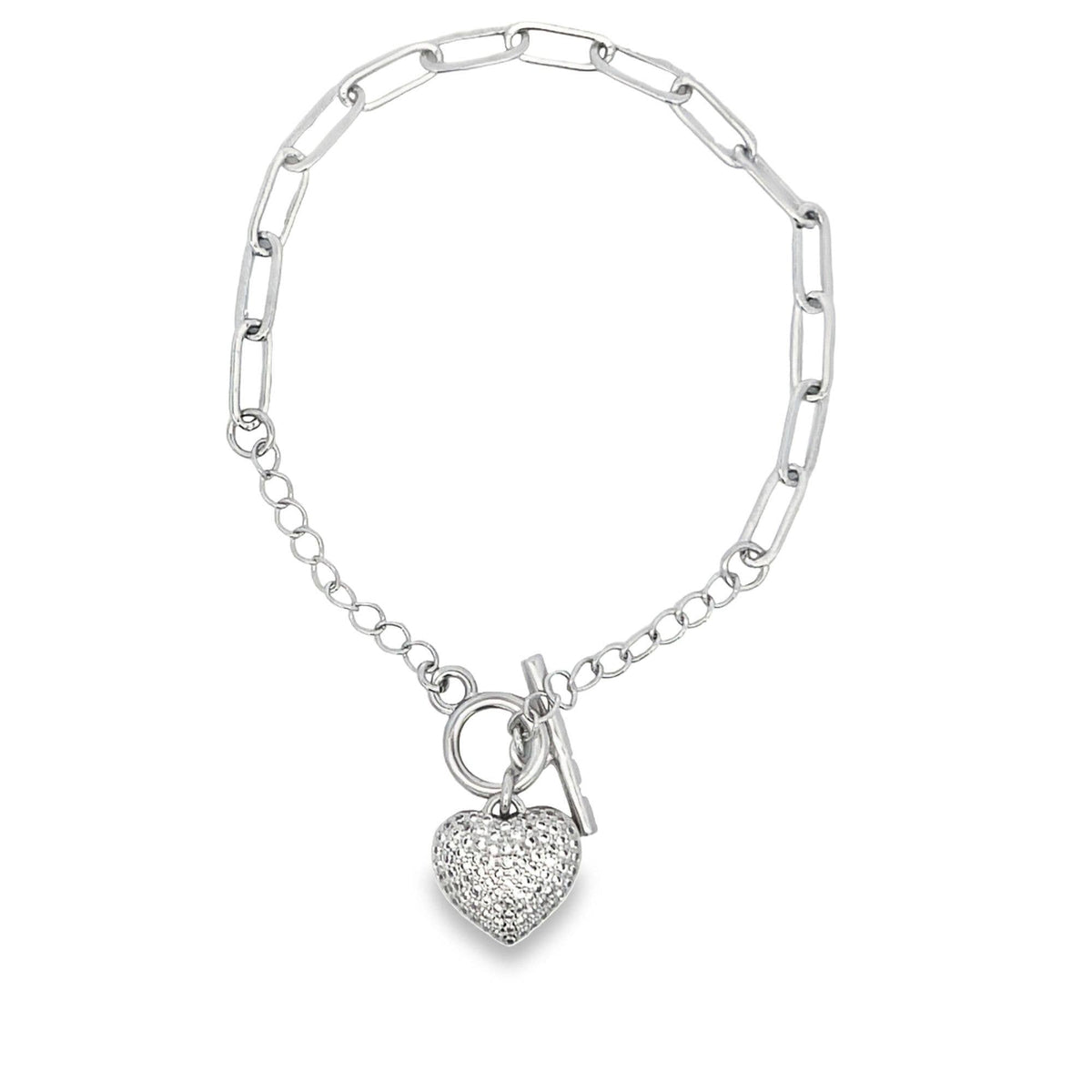 Paper Clip Chain Bracelet With A Heart CZ Stones