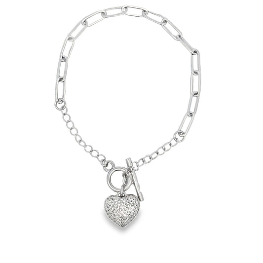 Paper Clip Chain Bracelet With A Heart CZ Stones