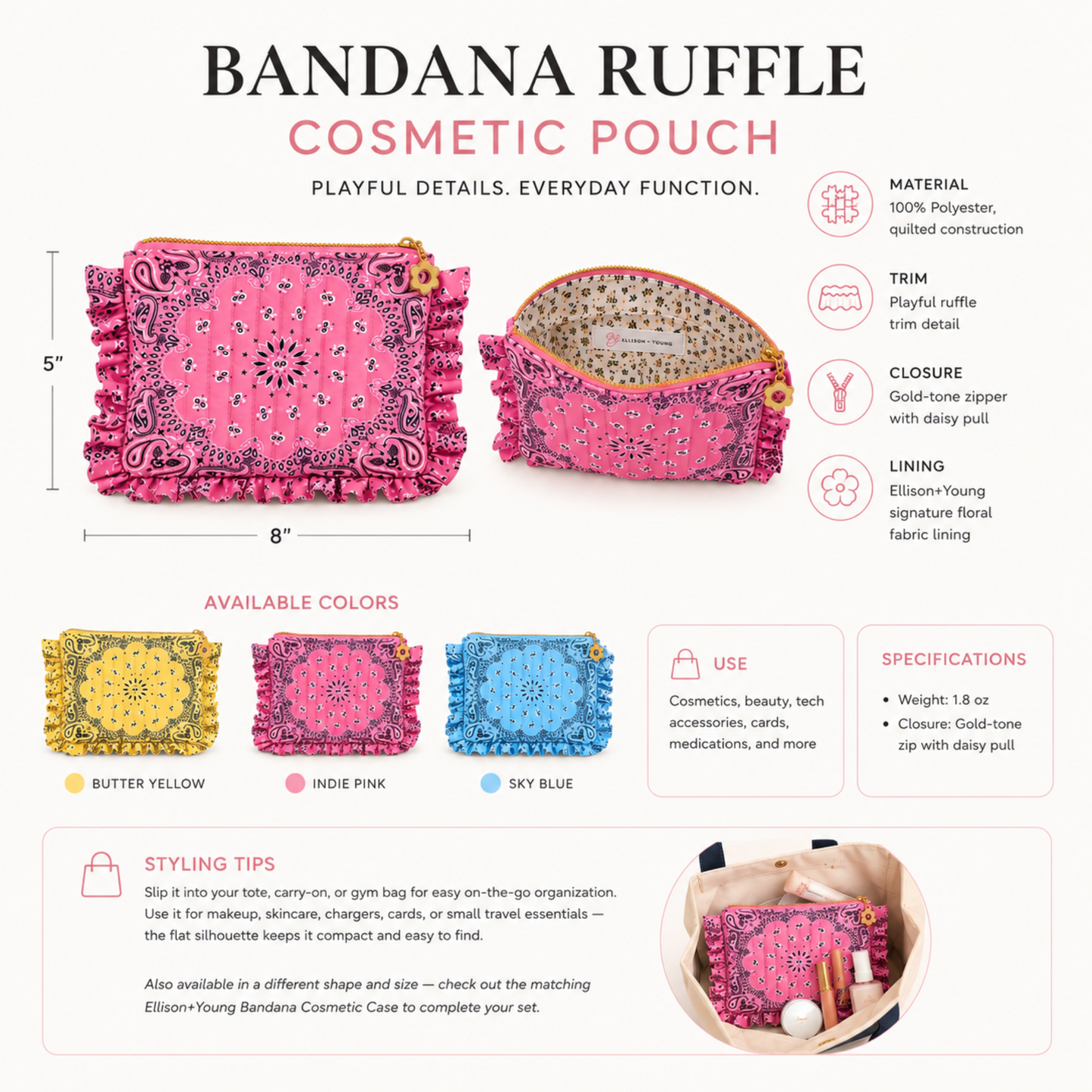 Ellison+Young Bandana Ruffle Pouch, Quilted Cosmetic Case