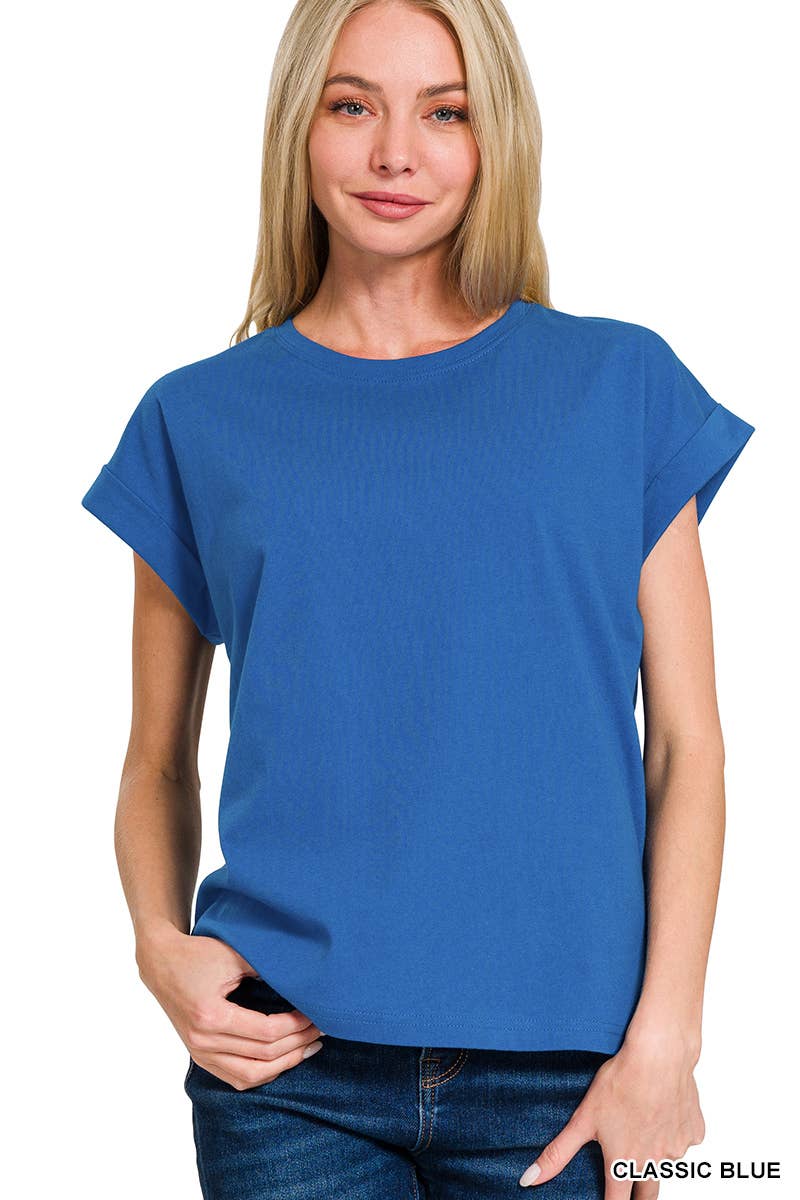 Round Neck Folded Short Sleeve T Shirt