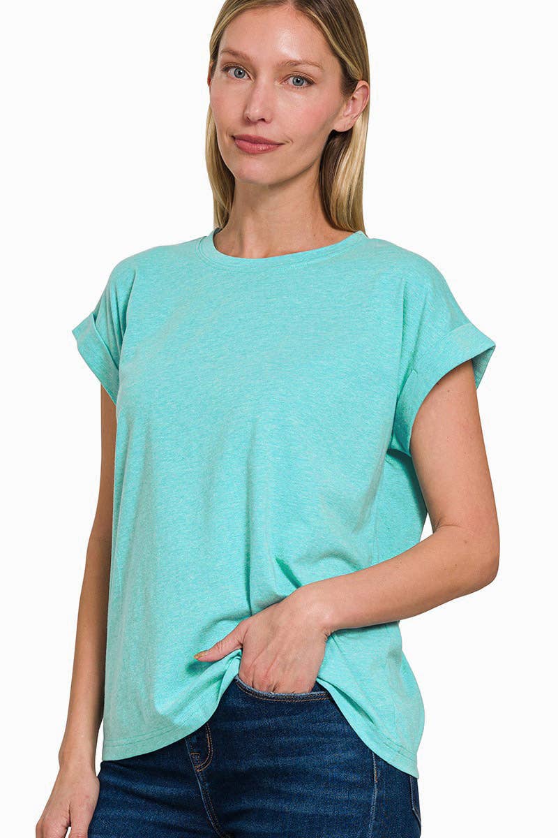Round Neck Folded Short Sleeve T Shirt