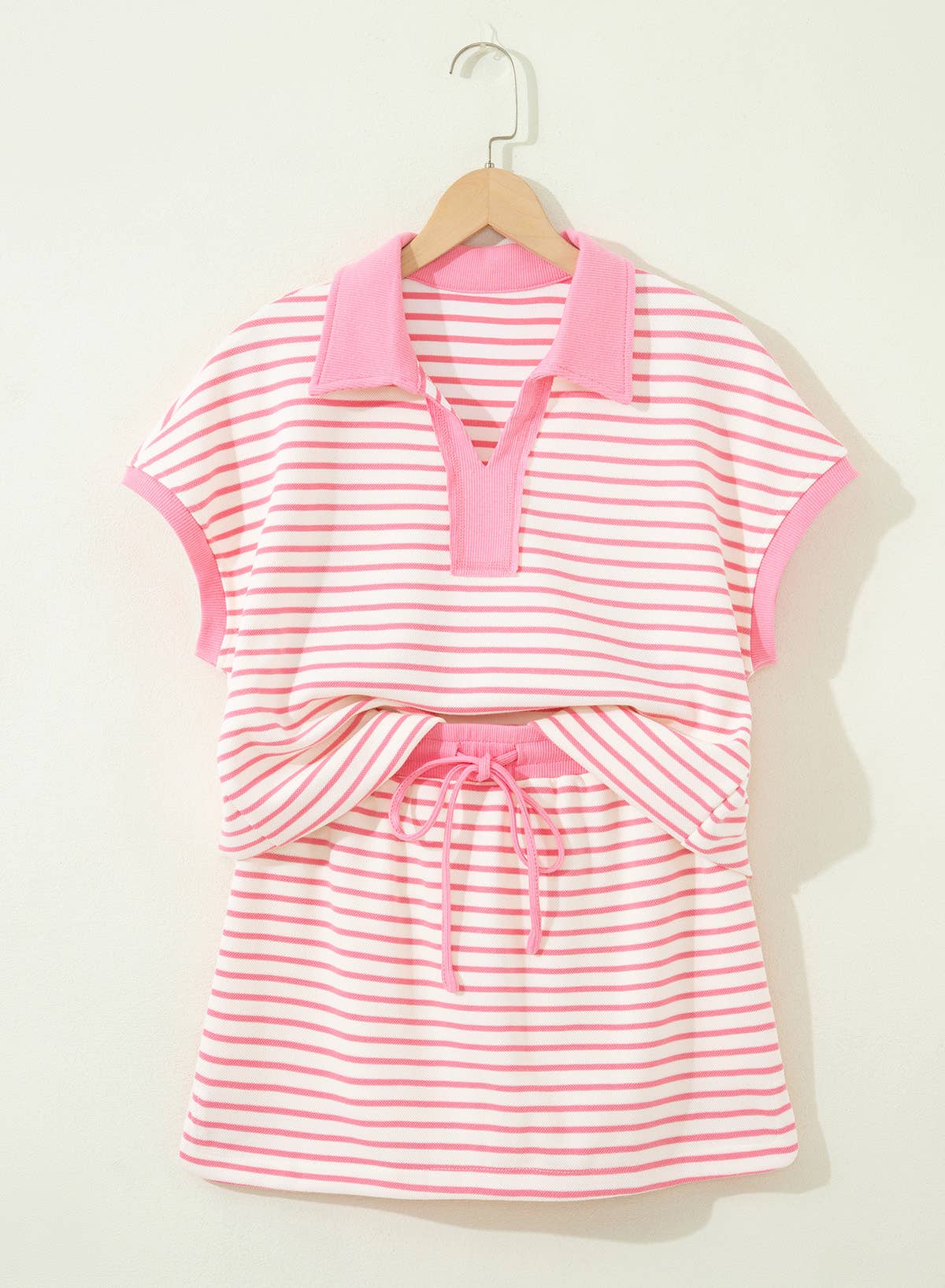 Pink Stripe Drawstring Elastic Waist 2pcs Skort Set
