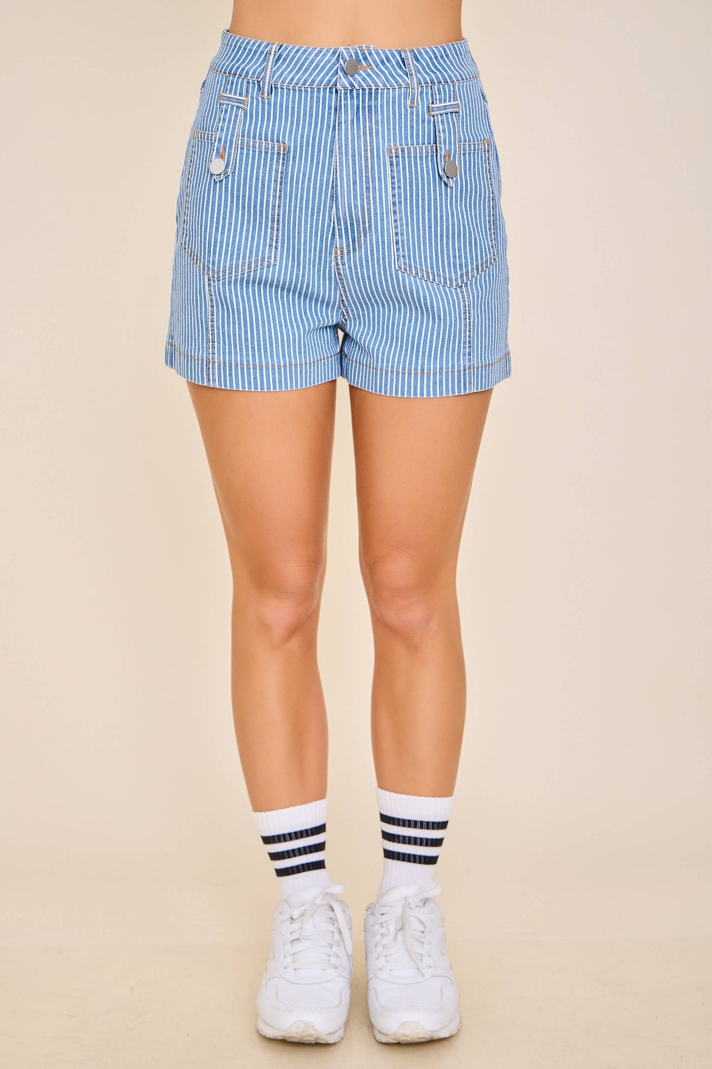 Stripe Utility Denim Shorts – Pocket Button Detail