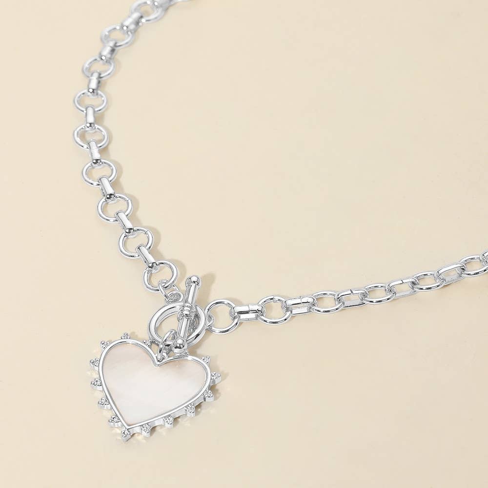Bead Mother of Pearl Heart Charm Toggle Chain Necklace