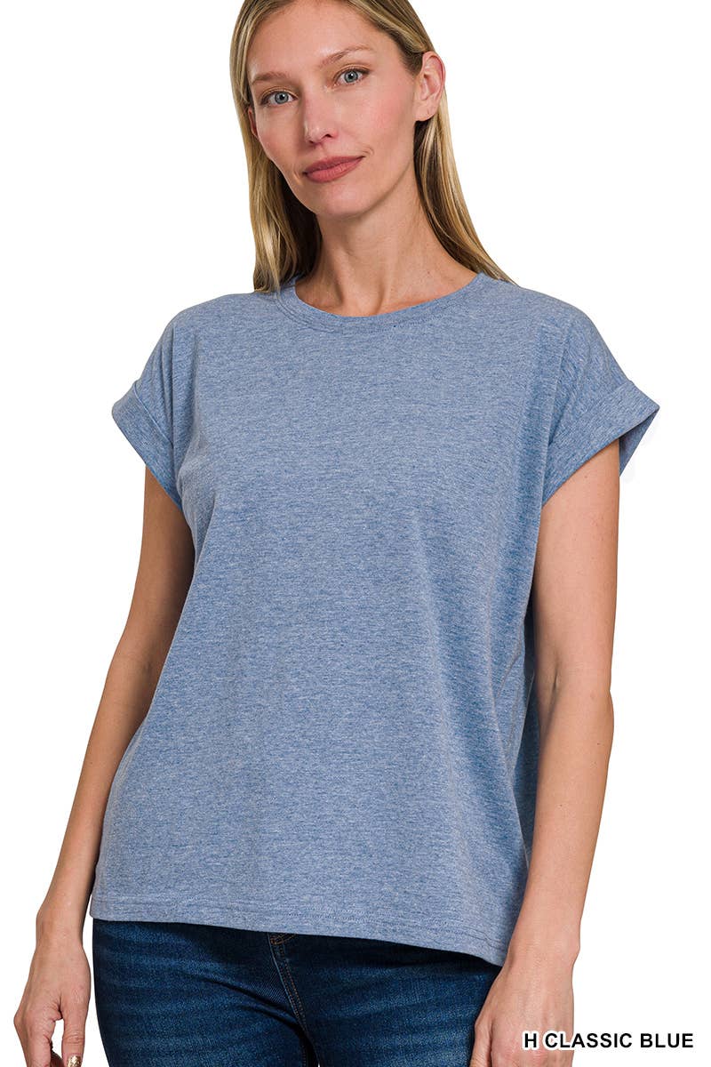 Round Neck Folded Short Sleeve T Shirt