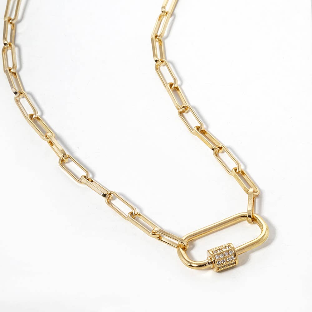 Gold Dipped CZ Carabiner Pendant Paperclip Chain Necklace