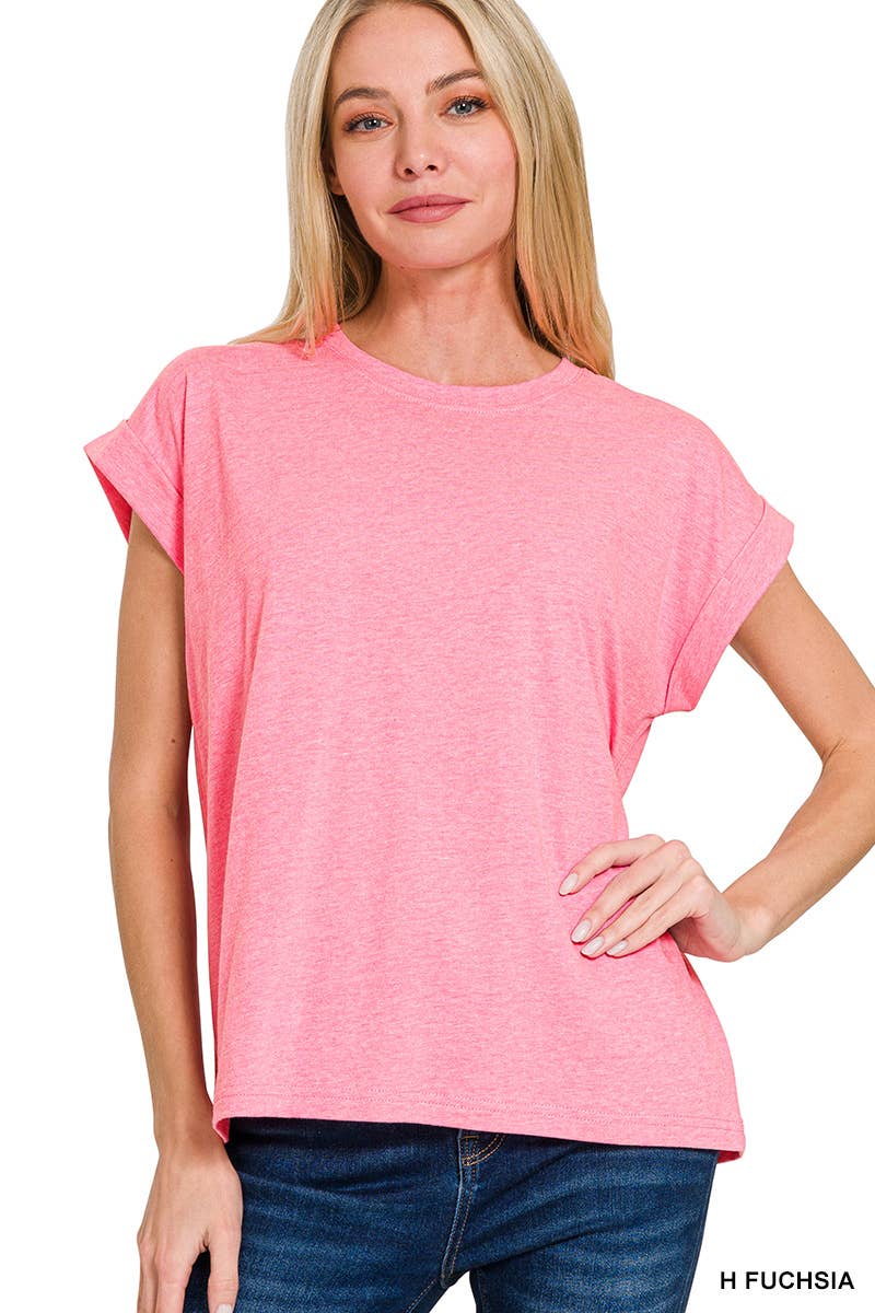 Round Neck Folded Short Sleeve T Shirt