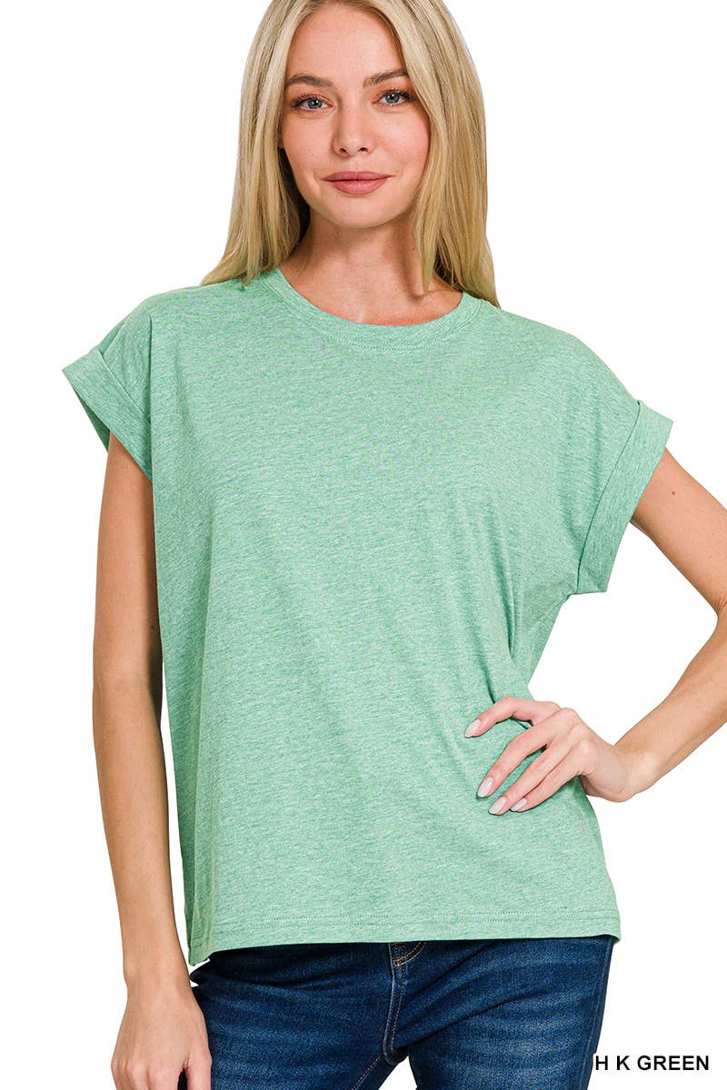 Round Neck Folded Short Sleeve T Shirt