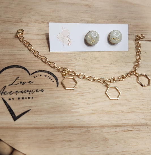 "Goldie" Jewelry set signature Hexi gold bracelet with round gold rim mint color studs.