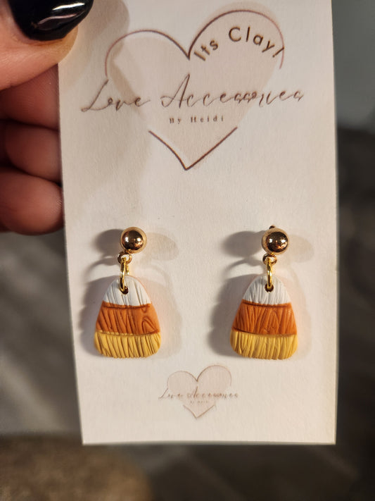 Wood Pattern Candy Corn Gold Dangle Earrings