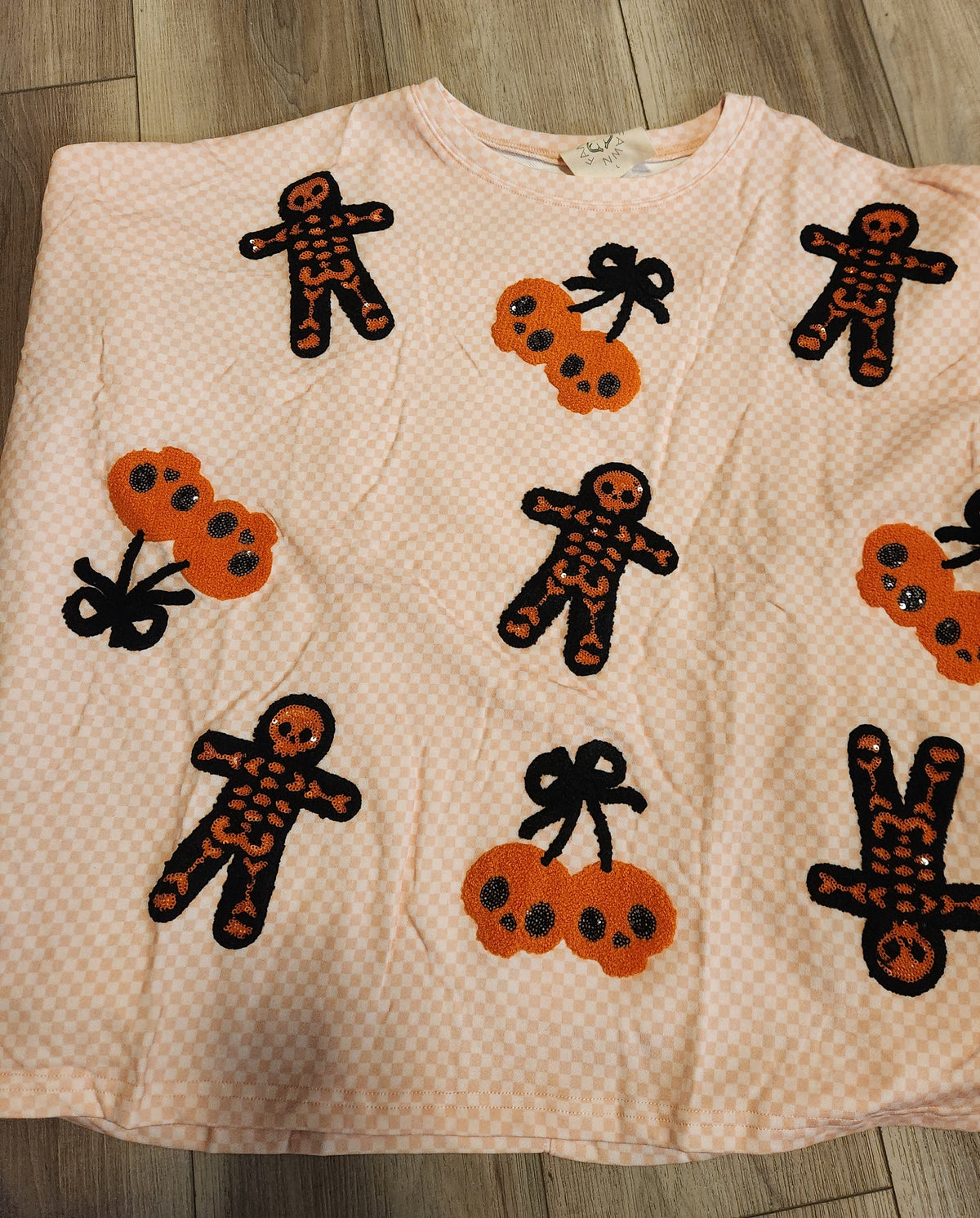 Halloween Skeleton and Cherry Pumpkin Sequin Patch Checkered PJ Crop Top