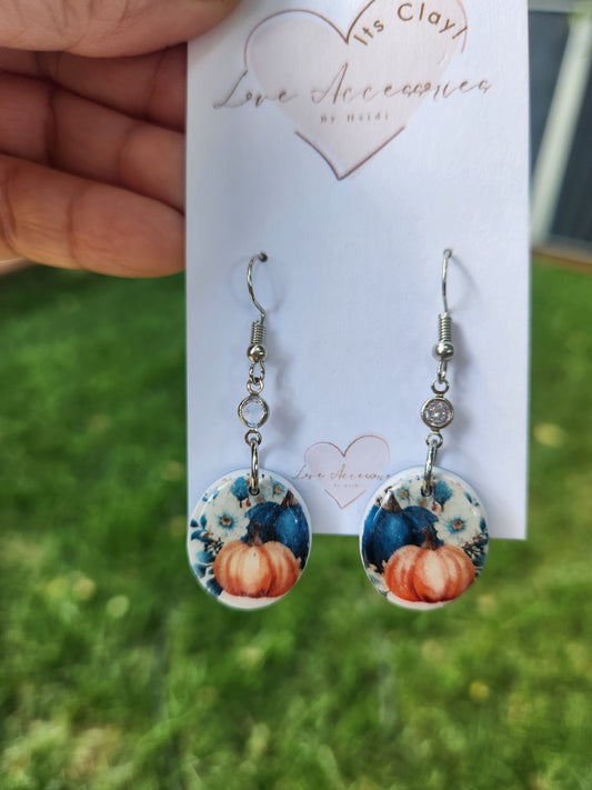 Round Blue Floral Pumpkin Dangle Earrings
