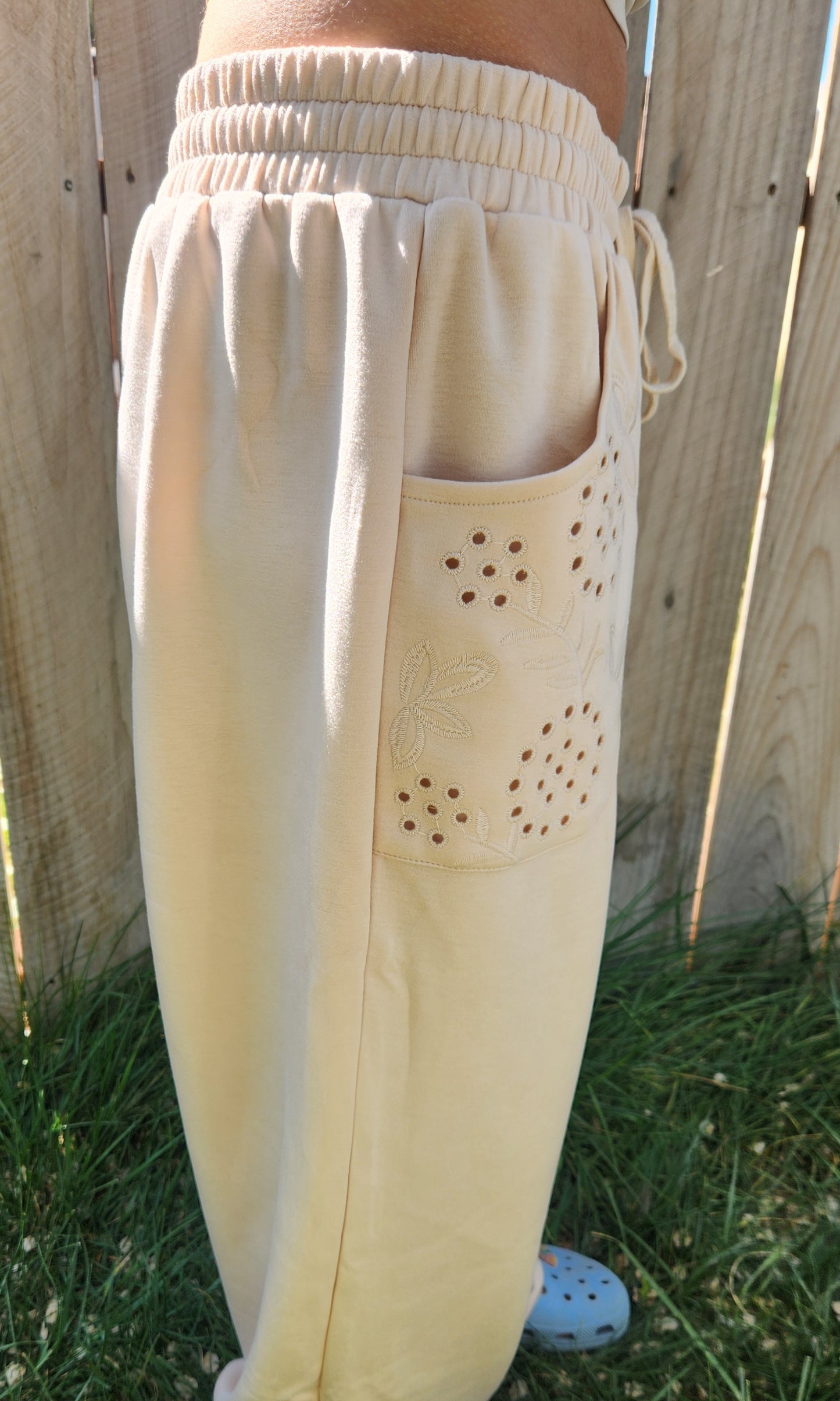 Taupe Embroidered Patched Pockets Drawstring Pants