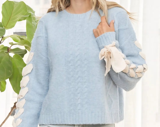 Ribbon Long Sleeve Knit Sweater in Soft Blue