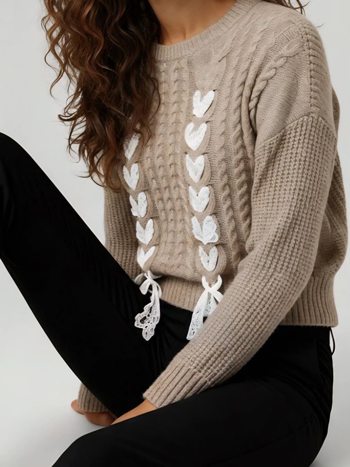 Crop Cable Knit Round Neck Lace Bow Sweater in Taupe. (Curvy)