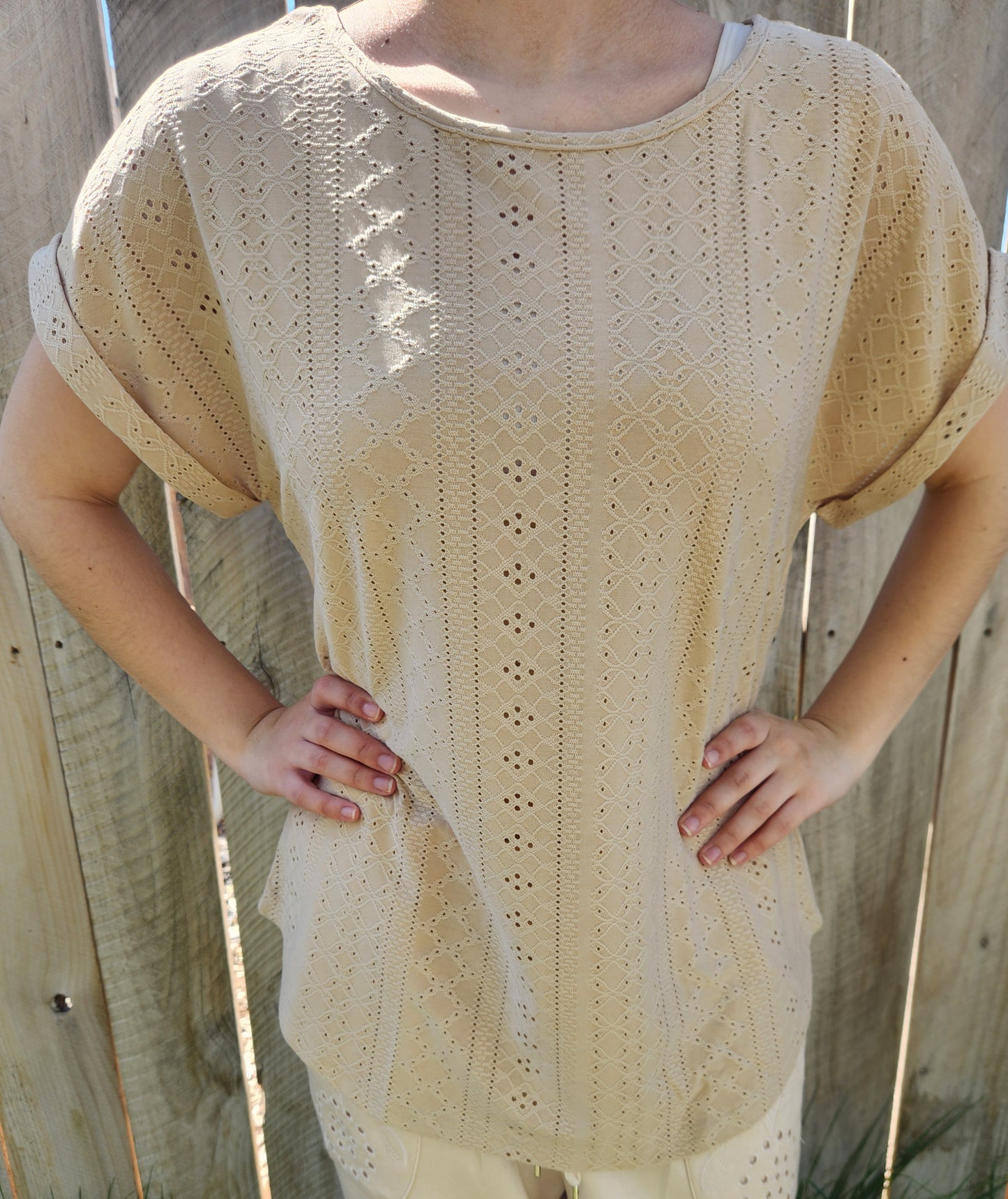 Women's Sheer Casual Short Sleeve Eyelit Solid Color Blouse