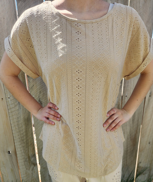 Women's Sheer Casual Short Sleeve Eyelit Solid Color Blouse