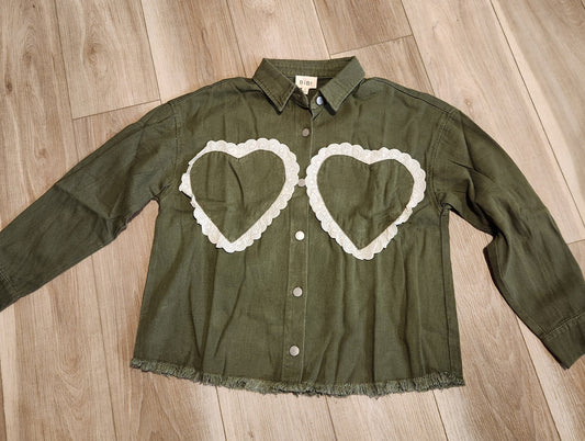 Olive Lace Heart Patch Button Down