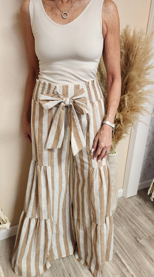 Tan Stripe Front Tie Elastic Waist Pants. Semi Sheer
