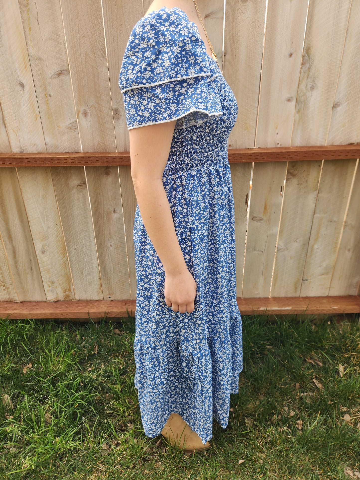 Blue Floral dress with 2 layer puffy sleeves