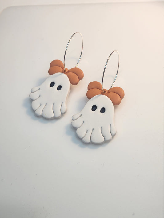 Orange Bow Ghostie Dangles with silver hoops