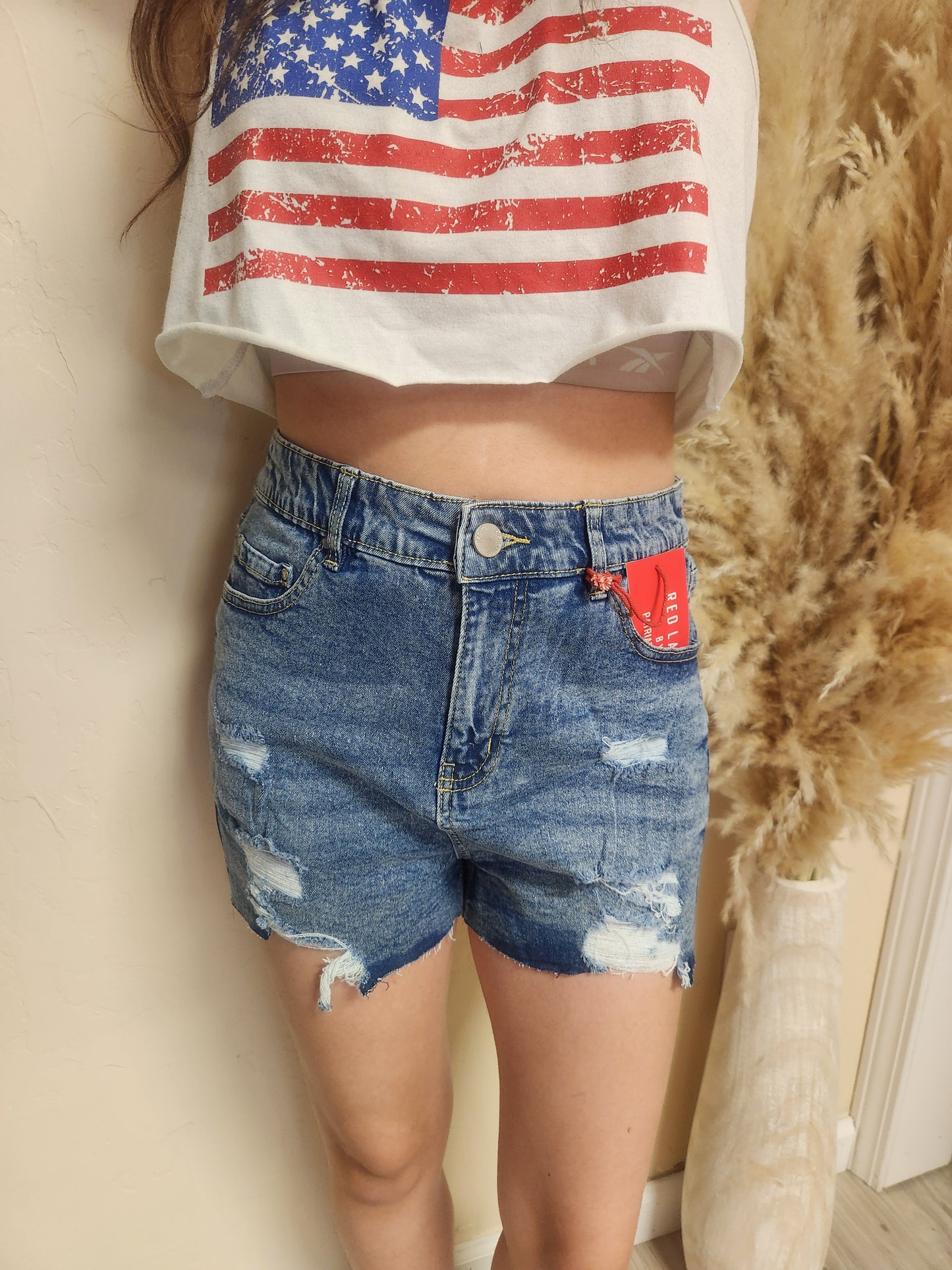 STRETCH HIGH RISE RIPPED FREY HEM DENIM SHORTS( Runs big)