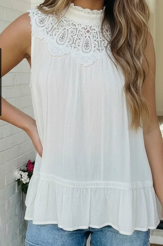 Sheer Sleeveless Lace Mock Neck Top