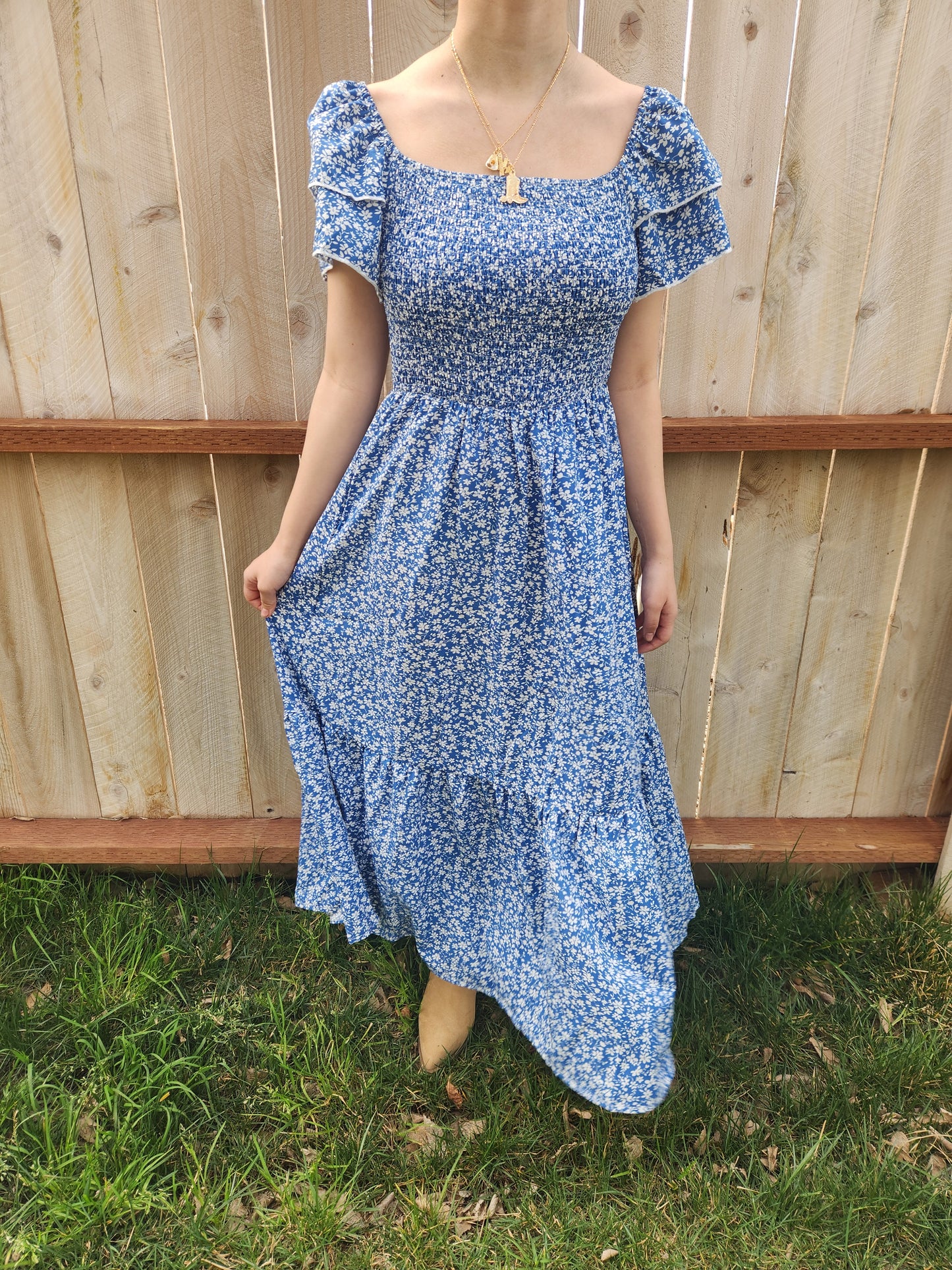Blue Floral dress with 2 layer puffy sleeves