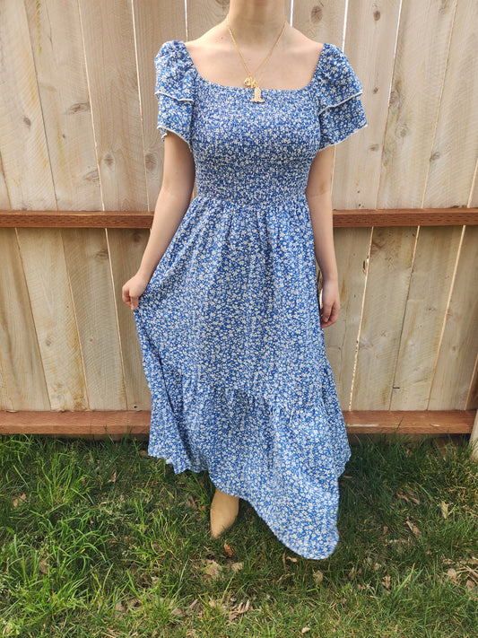 Blue Floral dress with 2 layer puffy sleeves