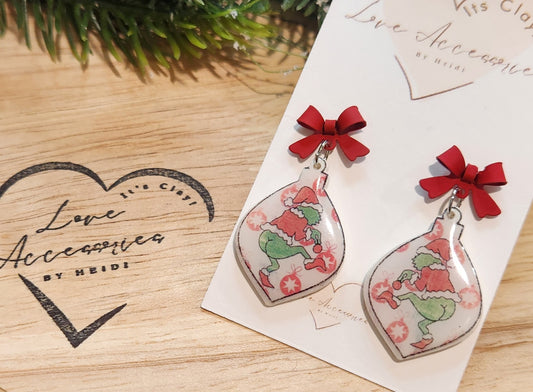 BootyCheeks Grinch Dangle Earrings w/red bows