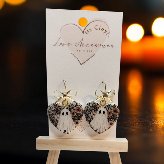 Heart Shaped Gold Bow Ghost Dangles