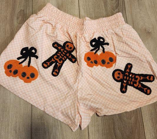 Halloween Skull Cherry and Gingerbread Checkered PJ Shorts