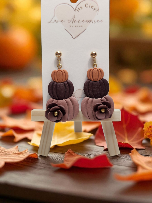 3 tier Pumpkins w/purple flower Dangle Earrings
