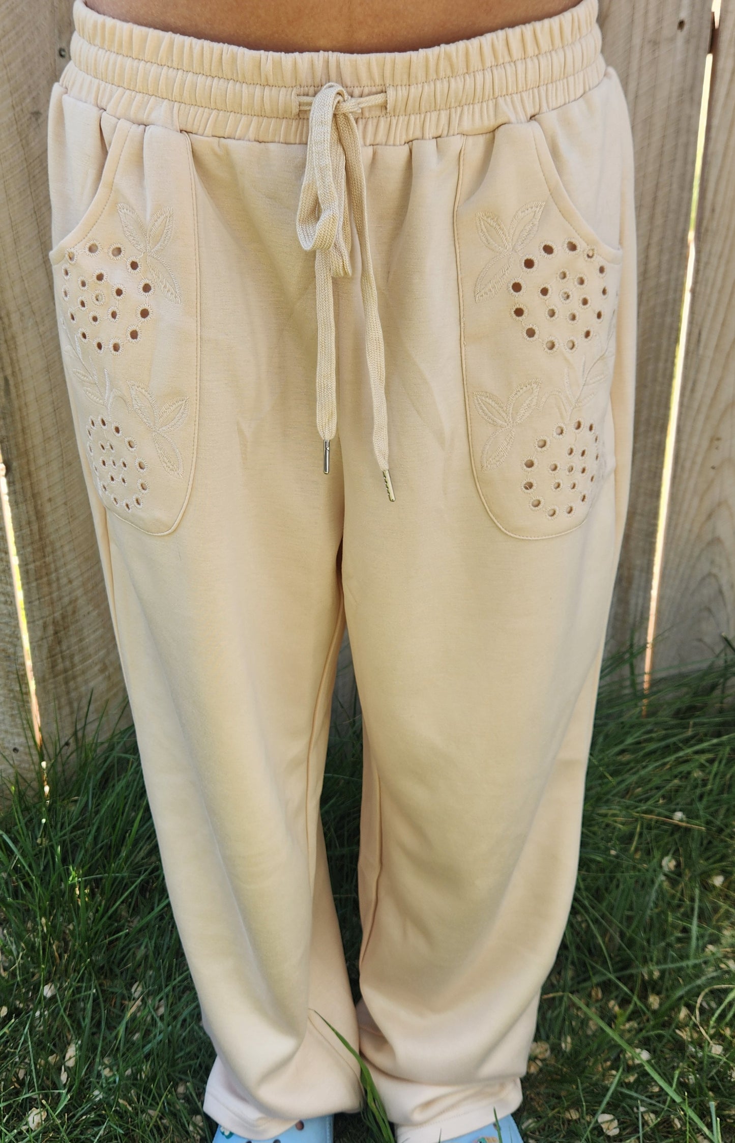 Taupe Embroidered Patched Pockets Drawstring Pants