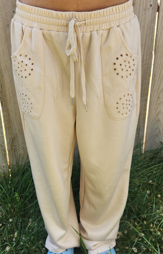 Taupe Embroidered Patched Pockets Drawstring Pants