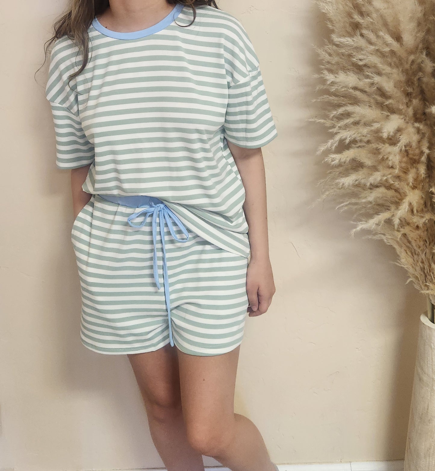 Green Striped W/Blue Trim Top (Stretchy Material)