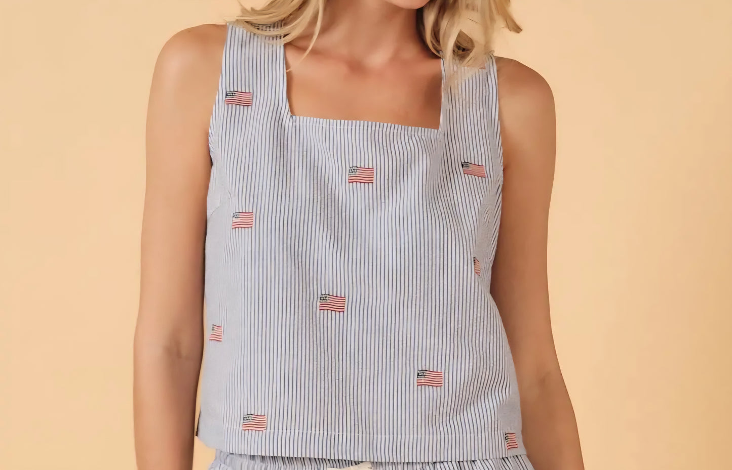 PRE-ORDER | Square Neck Striped Embroidered American Flag Top