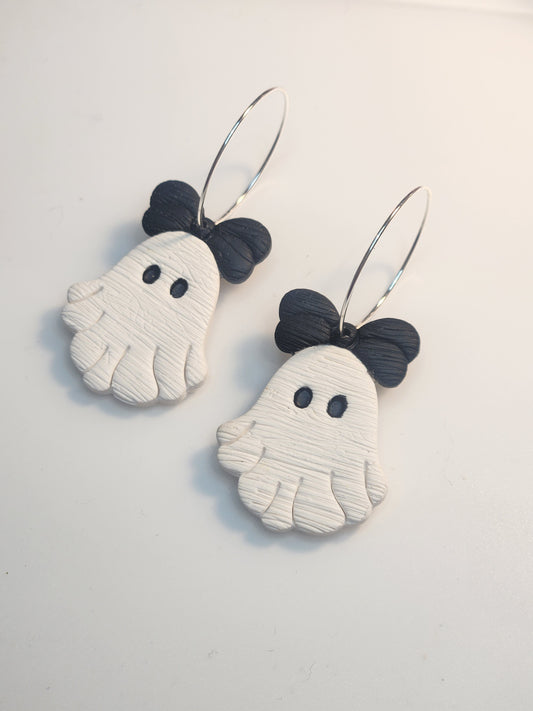 Black Bow ghostie Dangles with silver hoops
