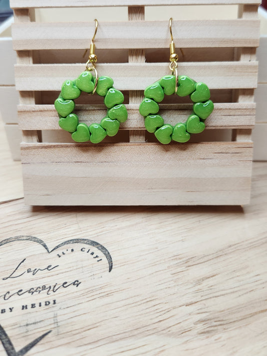 St. Patrick's Day Green Hearts Wreath Clay Earrings