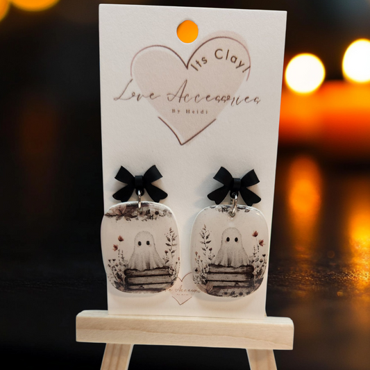 Black Bow Ghost Book Dangle Earrings