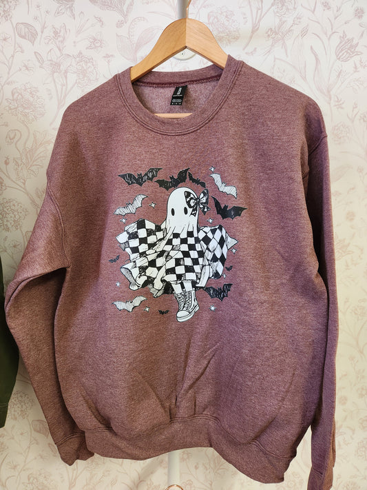 Checkered Girl Ghostie with bats Graphic Sweater