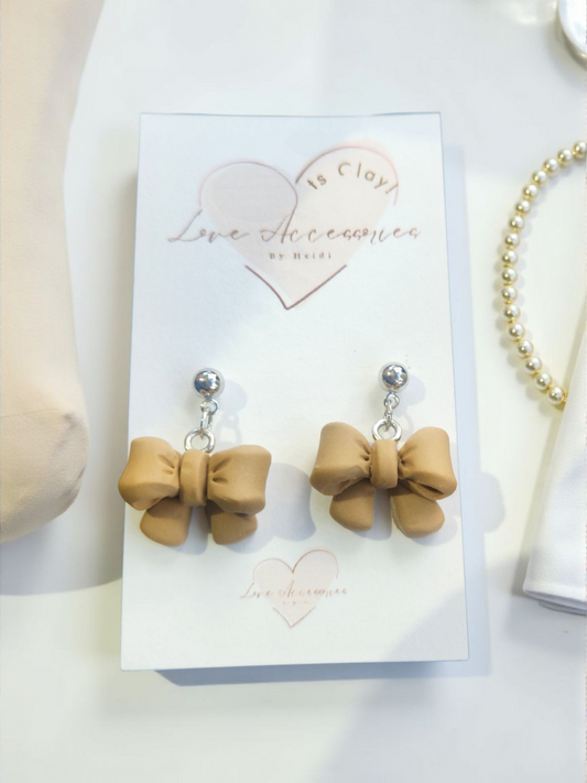 Silver post Bow Dangle Earrings in Beige