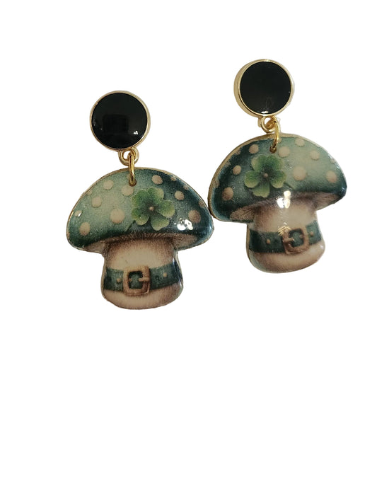 St. Patrick's Day Belt Buckle Mushroom Clay Earrings Emerald Green post
