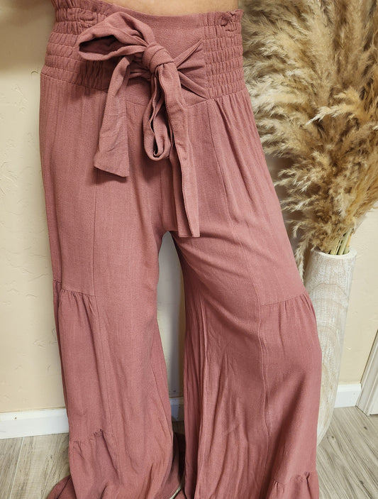 Rose color elastic waist front tie pants