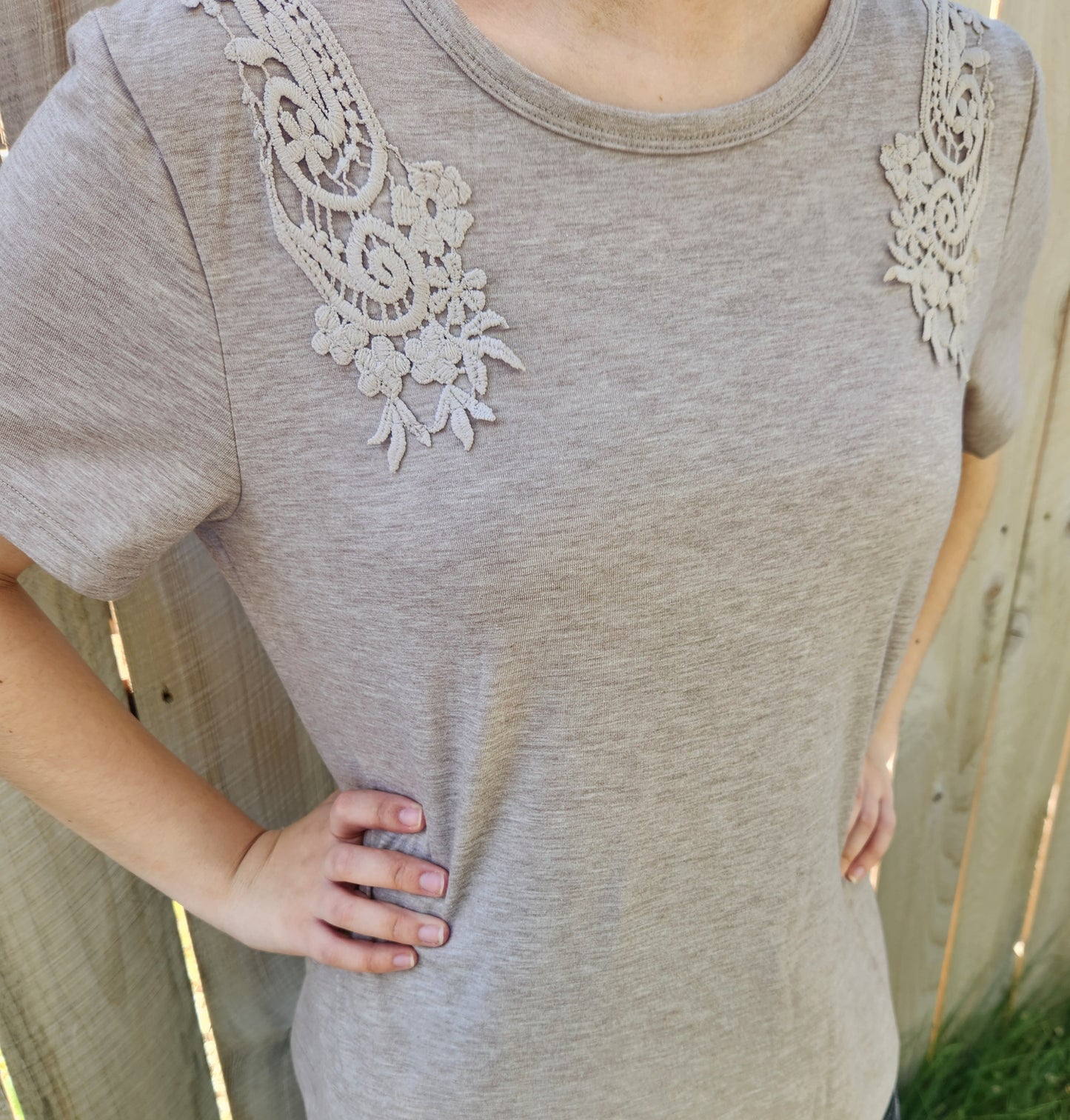 Smoke Gray Solid Color Lace Patched Round Neck Tee